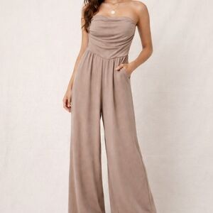 Poof! Strapless Jumpsuit in Taupe